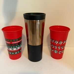 Starbucks 2016 Copper Gold & Black Stainless Travel Mug & Two Holiday Red Cups